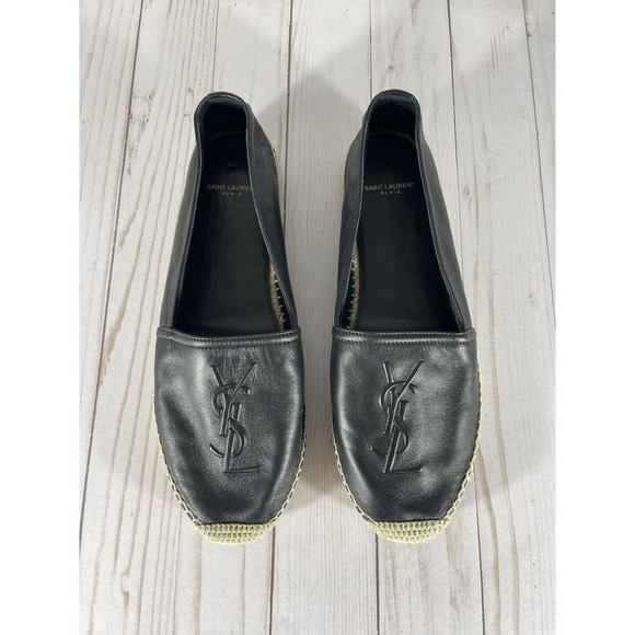 YSL SAINT LAURENT WOMEN’S LOGO ESPADRILLE BLACK LEATHER SZ-10 US/40 EU $650 - Picture 2 of 12